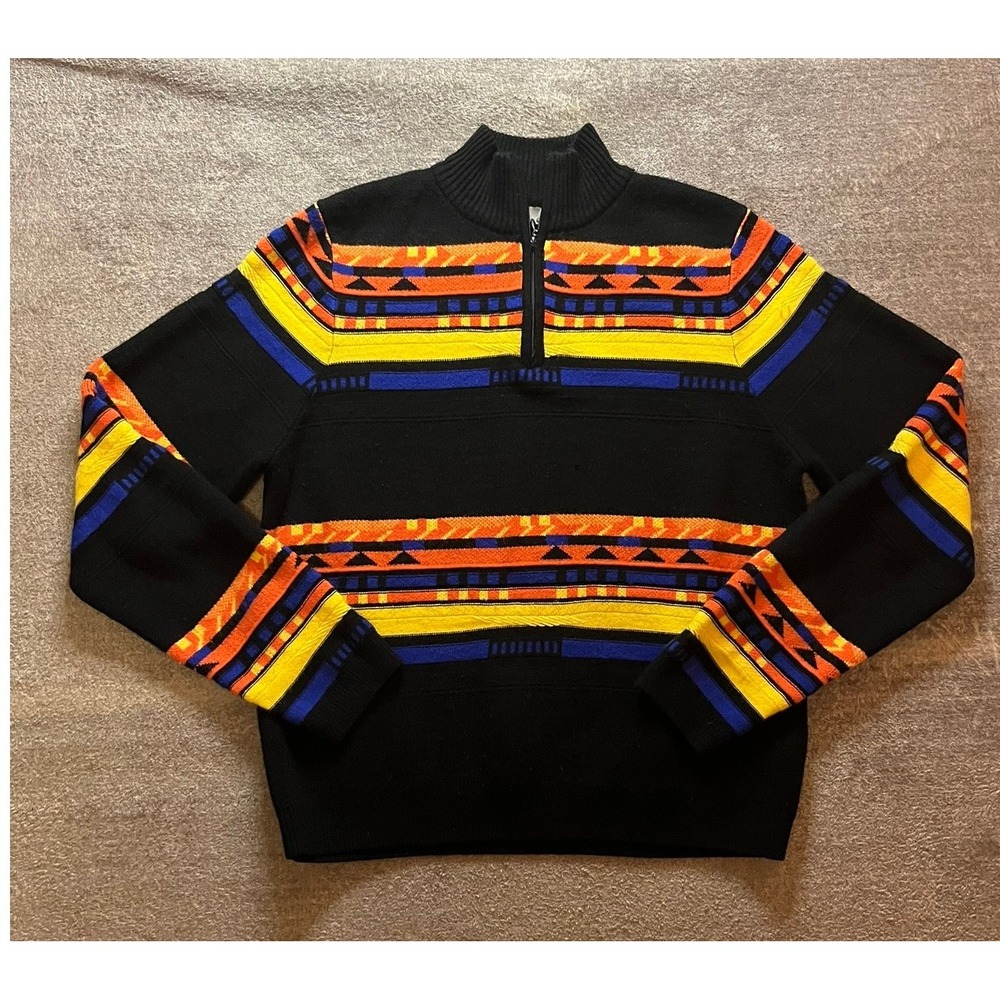 ASOS Mens Aztec Geometric Quarter Zip Sweater Black Orange Yellow Blue Small